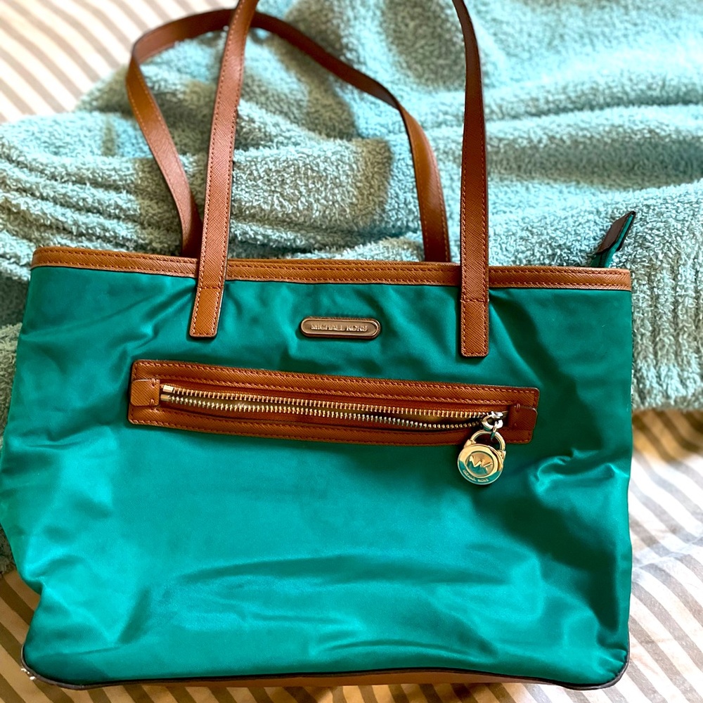 Michael Kors Teal nylon and brown leather strap purse Kempton bag-